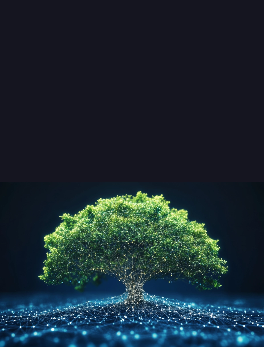 Glowing green digital tree on network base representing European life sciences patient-centric healthcare technology solution