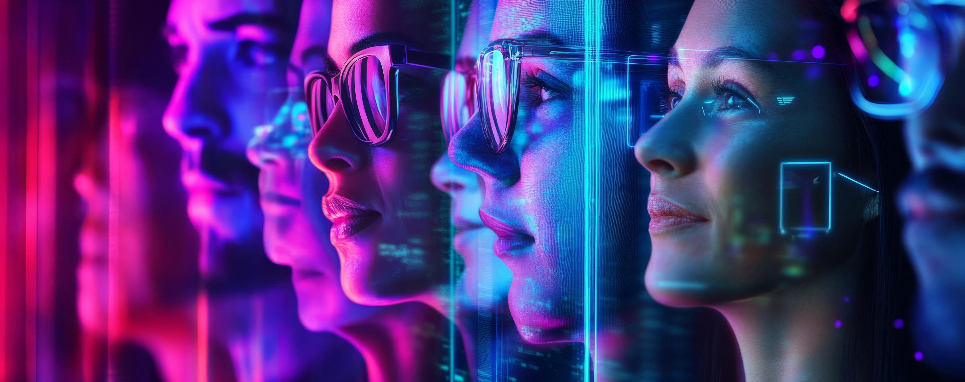 Futuristic digital faces with neon pink blue lighting and AR glasses representing AI technology and data-driven innovation
