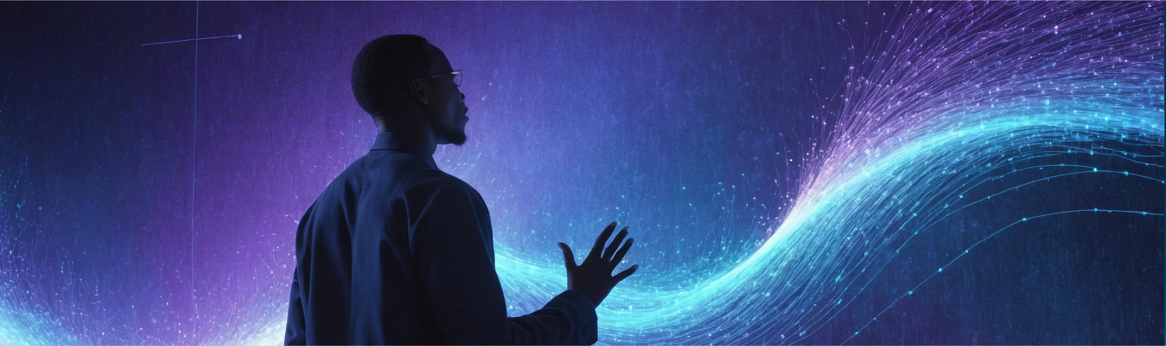 Man interacting with glowing AI data visualization wave representing digital transformation and machine learning.