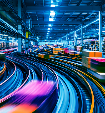 Automated warehouse with colorful light trails showing high-speed conveyor systems and efficient inventory movement in motion