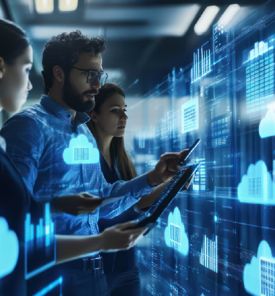 Team analyzing cloud data and digital dashboards to drive enterprise insights and decision making