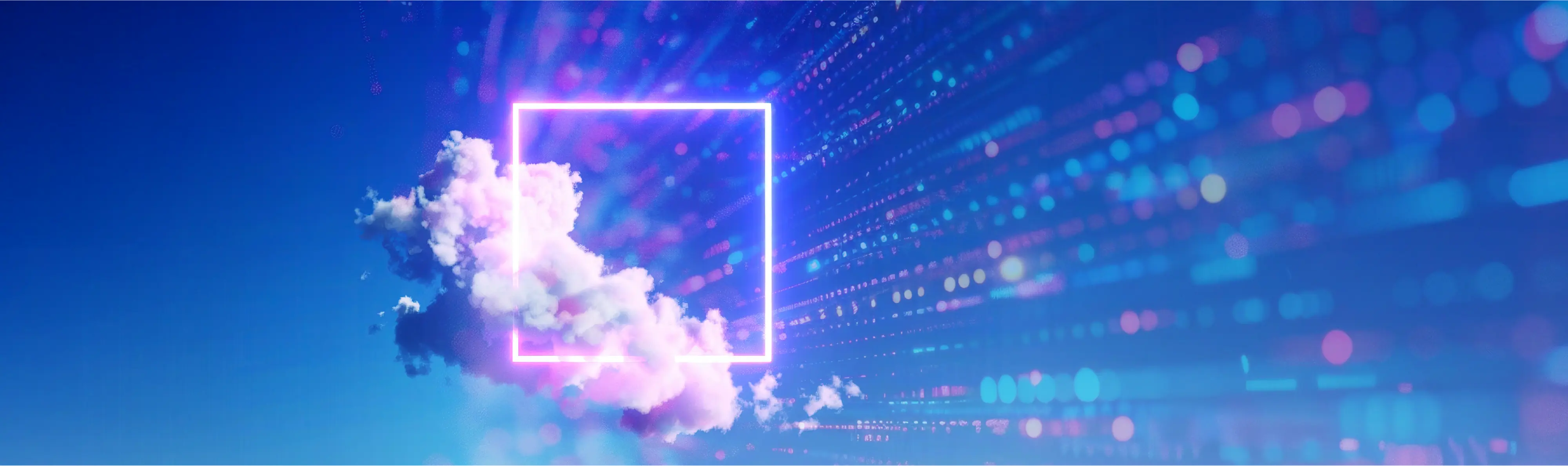 Glowing neon frame with white clouds and digital particles representing cloud computing and data transformation