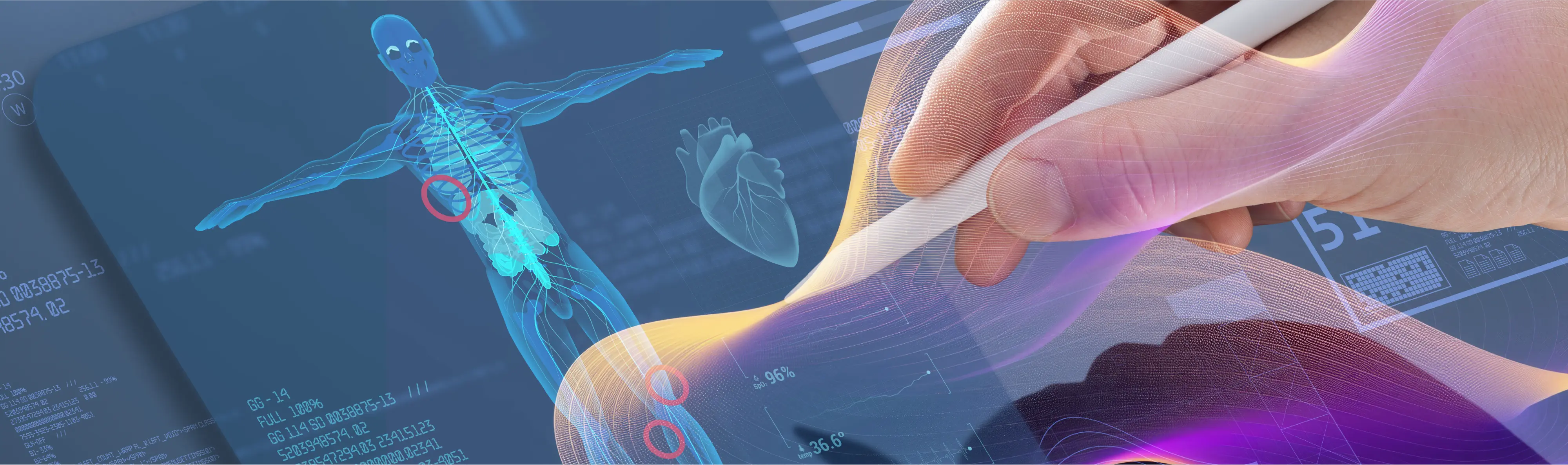 Digital medical innovation showing human anatomy and AI analysis through interactive 3D holographic interface.