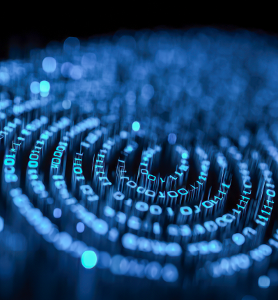 Digital data streams and binary code representing cloud analytics and enterprise data fabric