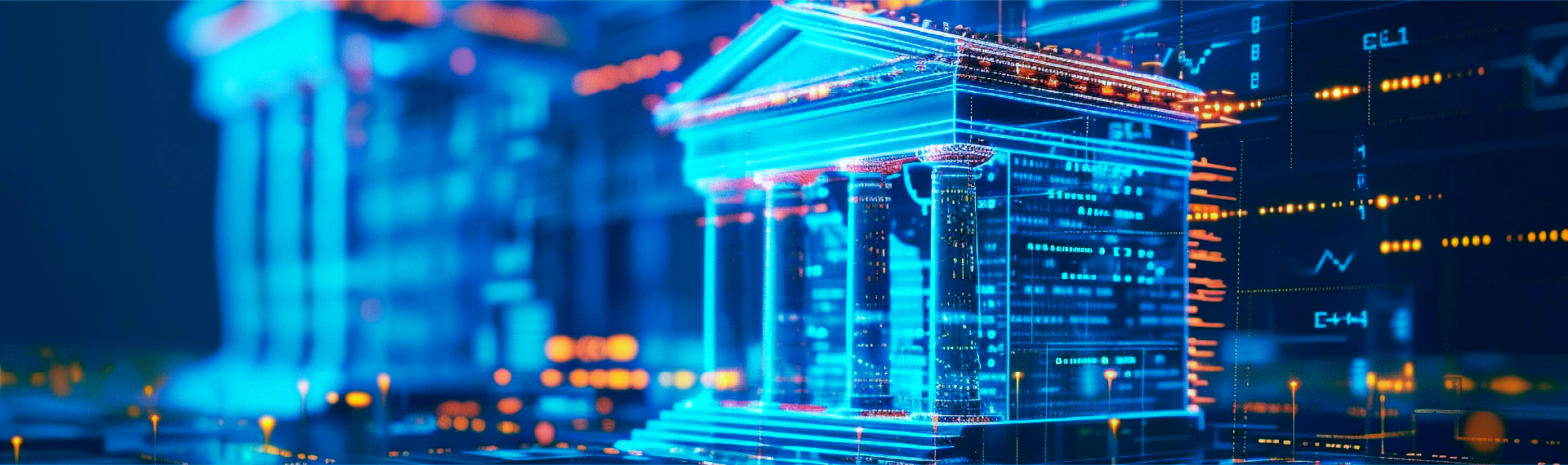 Futuristic digital city with glowing data streams and network connections representing smart city technology and urban IoT