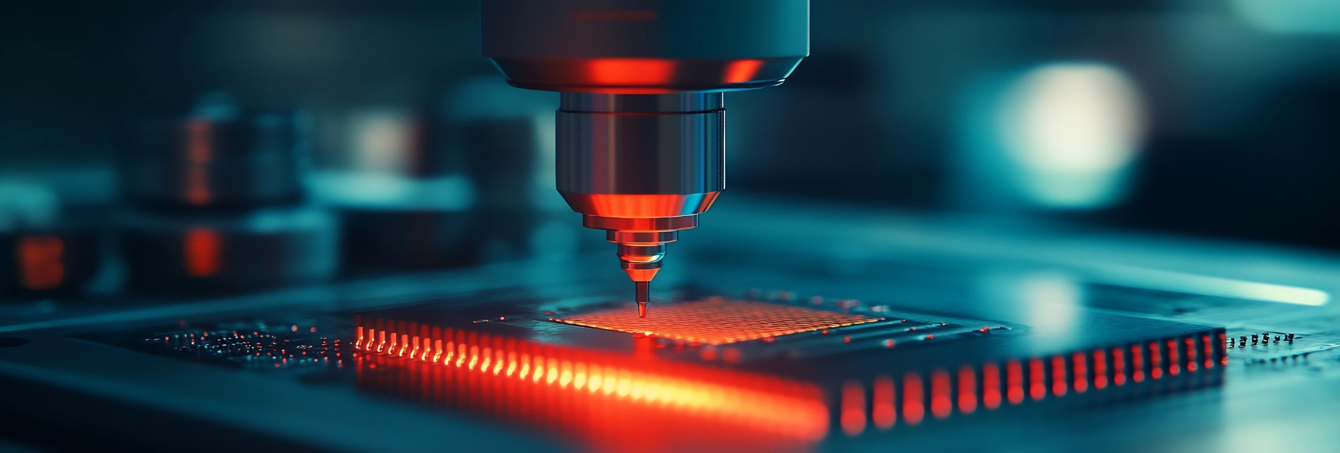Close-up of a precision machine working on a glowing microchip representing advanced semiconductor manufacturing