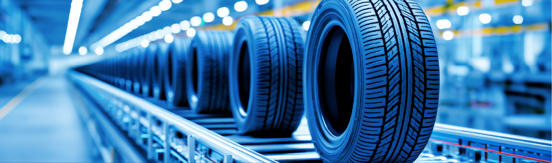Automotive tires moving on a production line in a modern manufacturing facility