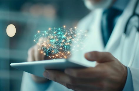 Digital visualization of neural network or brain structure above tablet symbolizing artificial intelligence and connectivity