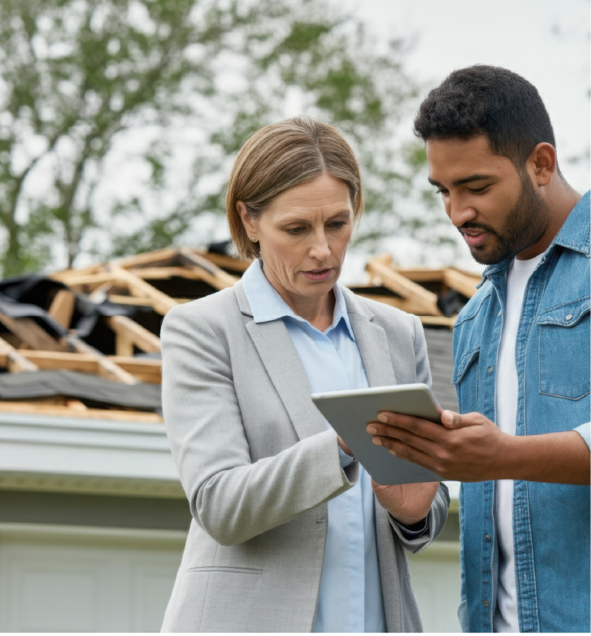 Insurance adjuster and homeowner reviewing claim details on tablet in front of storm damaged roof requiring repair assessment