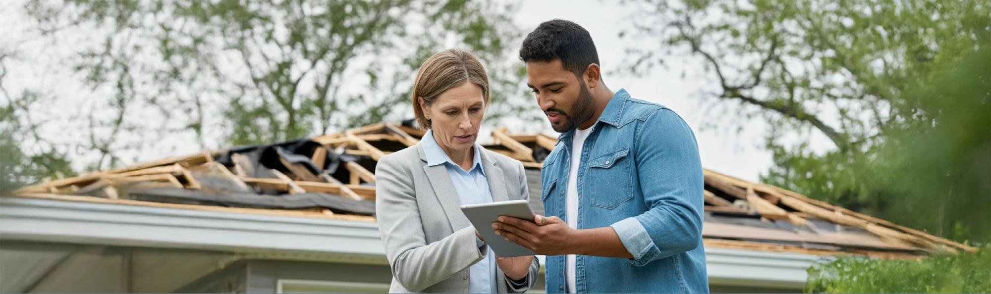Insurance adjuster and homeowner reviewing claim details on tablet in front of storm damaged roof requiring repair assessment