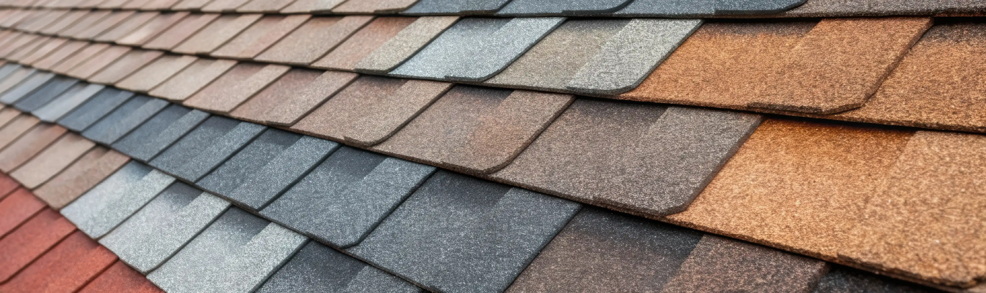 Layered roofing shingle samples displaying multiple color options including red brown blue gray beige and copper tones