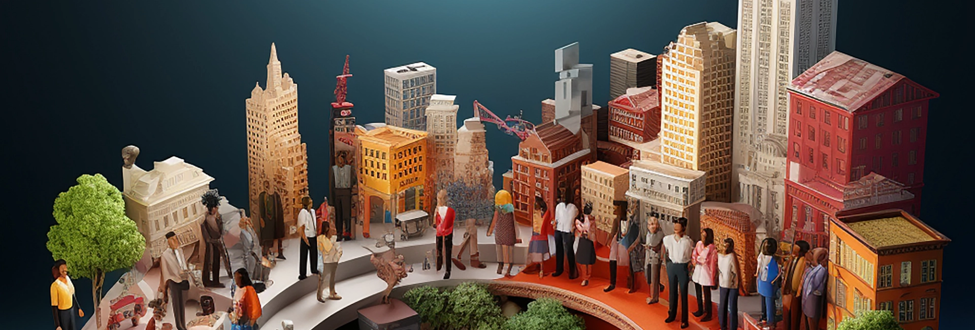 Conceptual illustration of a diverse urban community collaborating within a circular city model