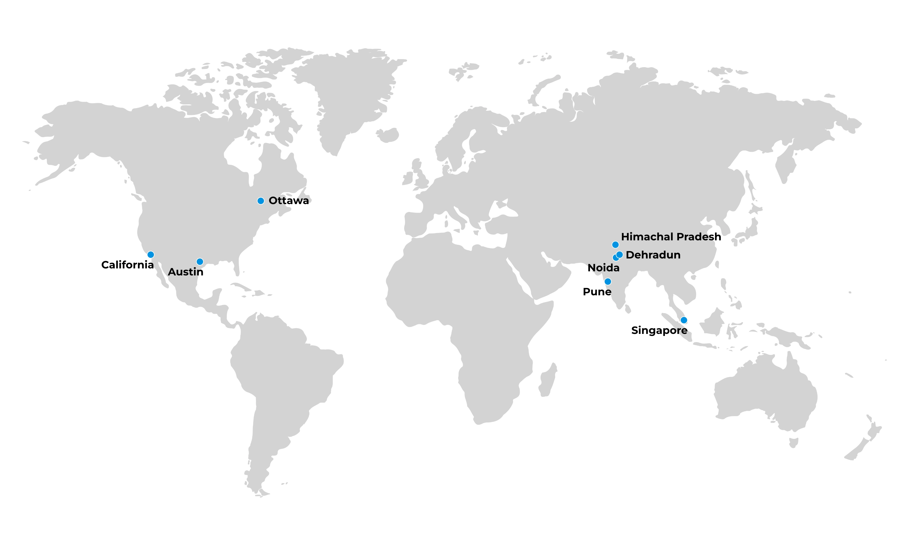 World map showing company offices in California, Austin, Ottawa, Noida, Pune, Dehradun, Himachal Pradesh, and Singapore