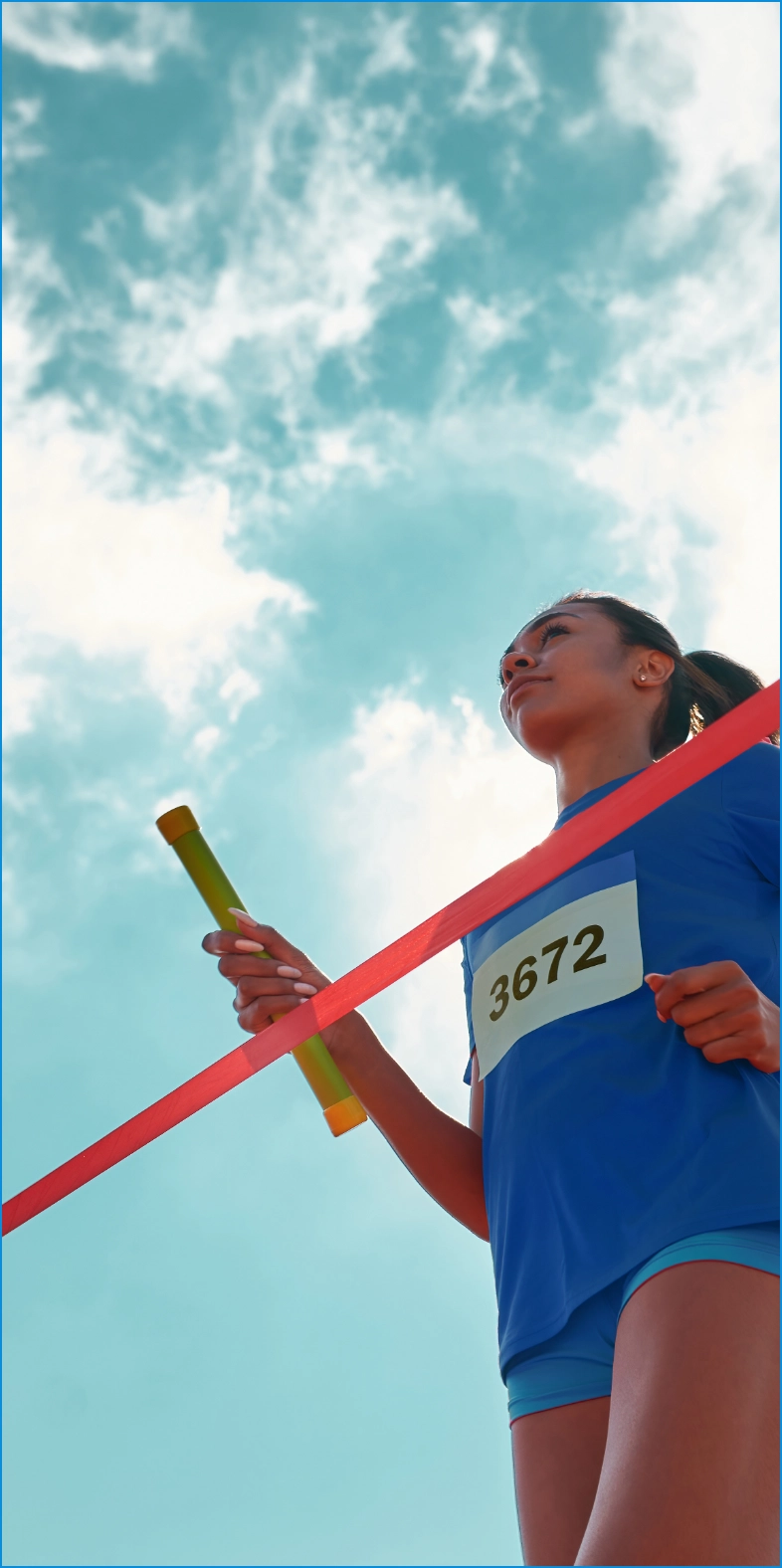 Female athlete pole vaulting against blue sky representing business trust transparency and commitment to deliver excellence