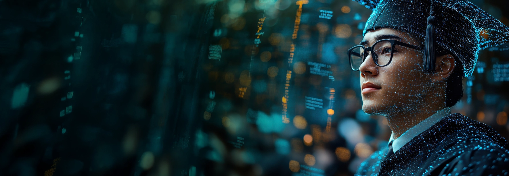 Graduate in cap and gown with digital data overlay looking forward representing education technology and future learning