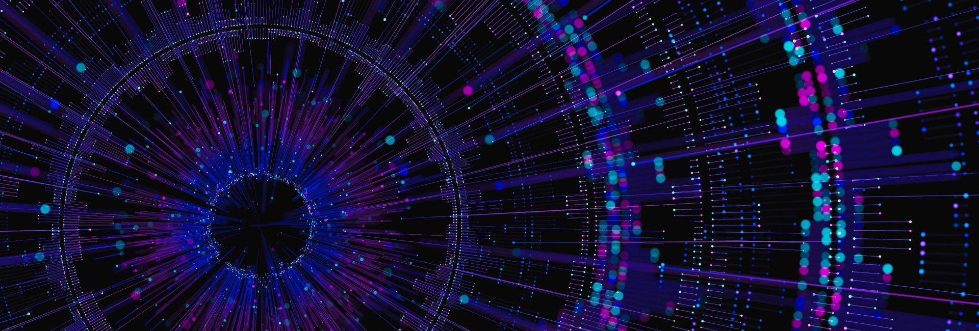 Dynamic purple and blue digital network visualization with radiating light streams representing intelligent financial tech