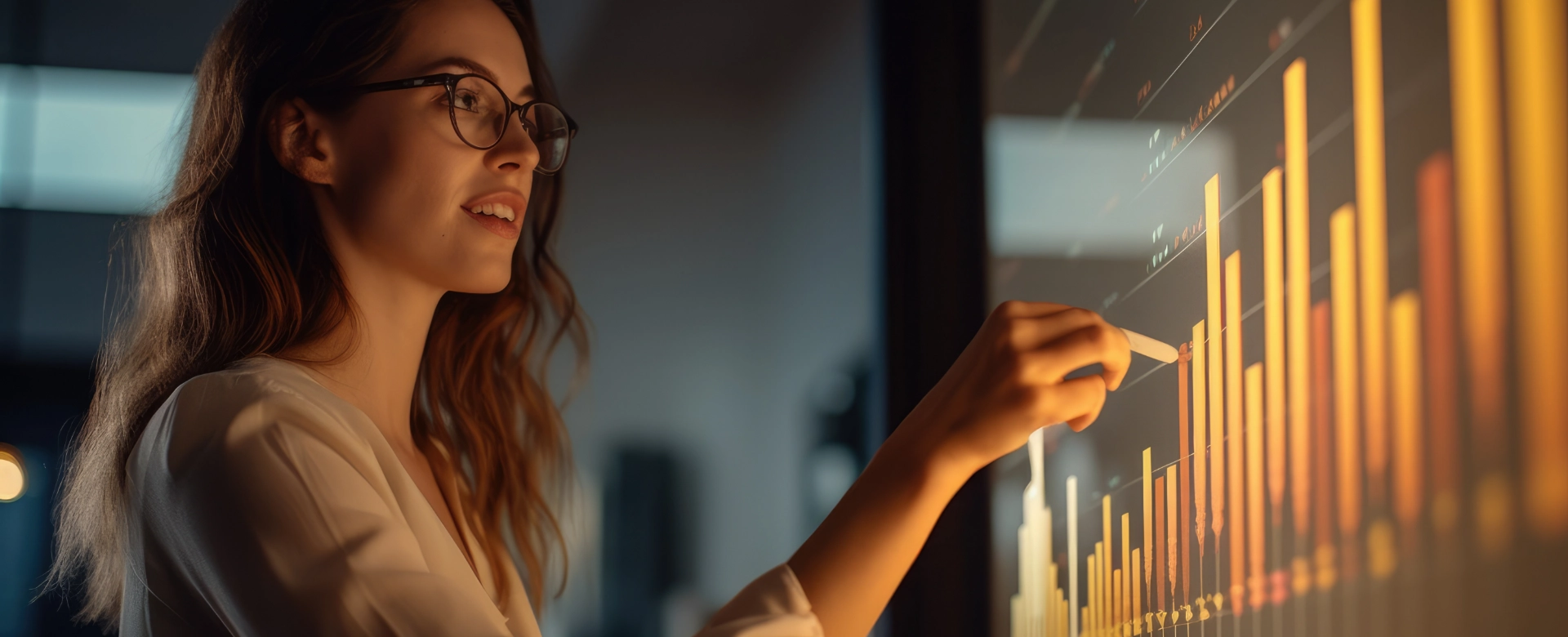 Professional woman with glasses analyzing financial data charts and graphs displayed on dark screen with golden lighting