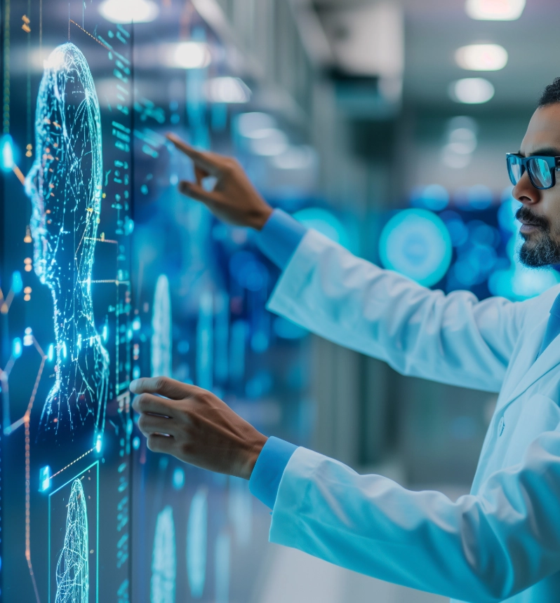 Healthcare professional in lab coat and glasses analyzing holographic medical data display with DNA strand and patient imaging