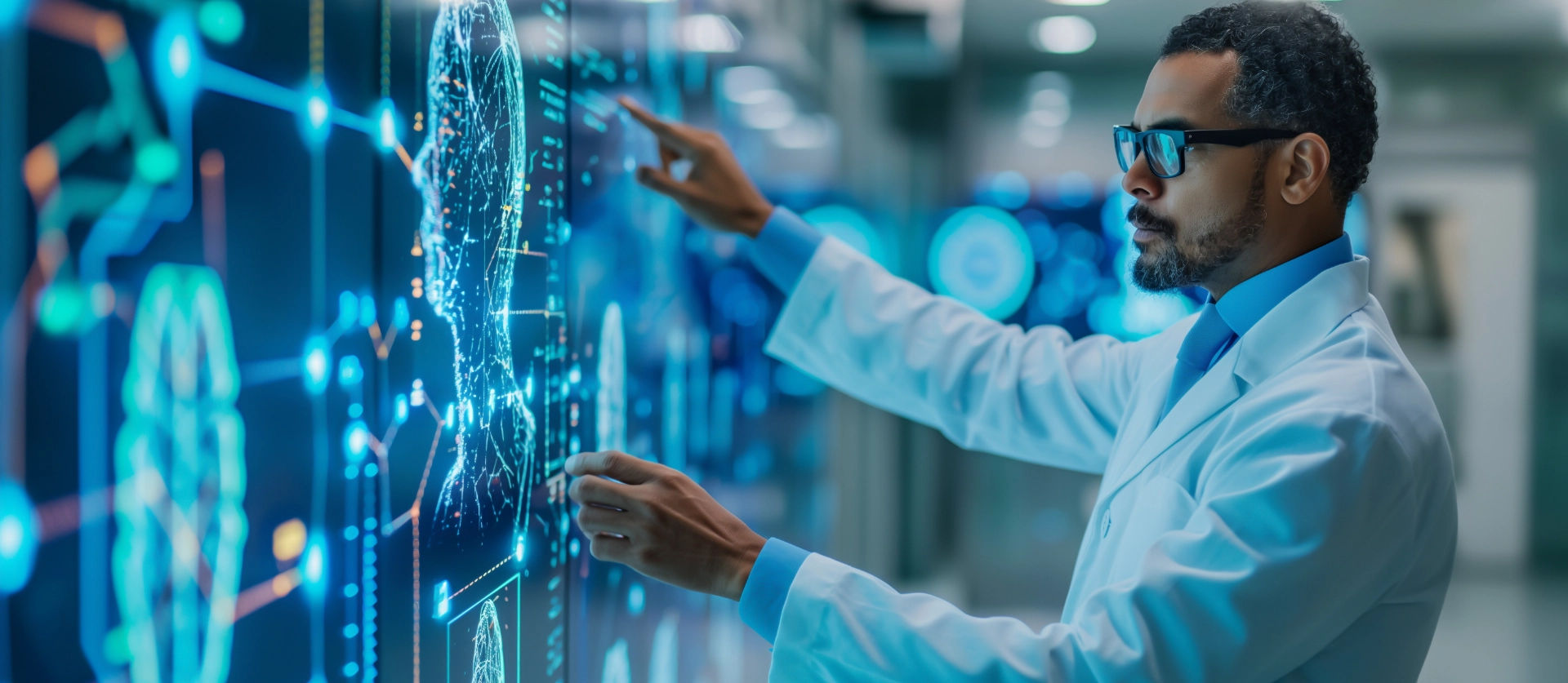 Healthcare professional in lab coat and glasses analyzing holographic medical data display with DNA strand and patient imaging