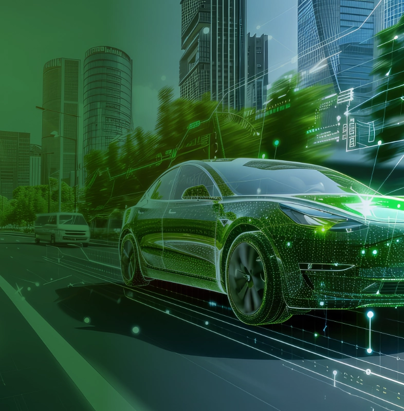 Futuristic green digital car with network visualization on urban road representing automotive digital transformation