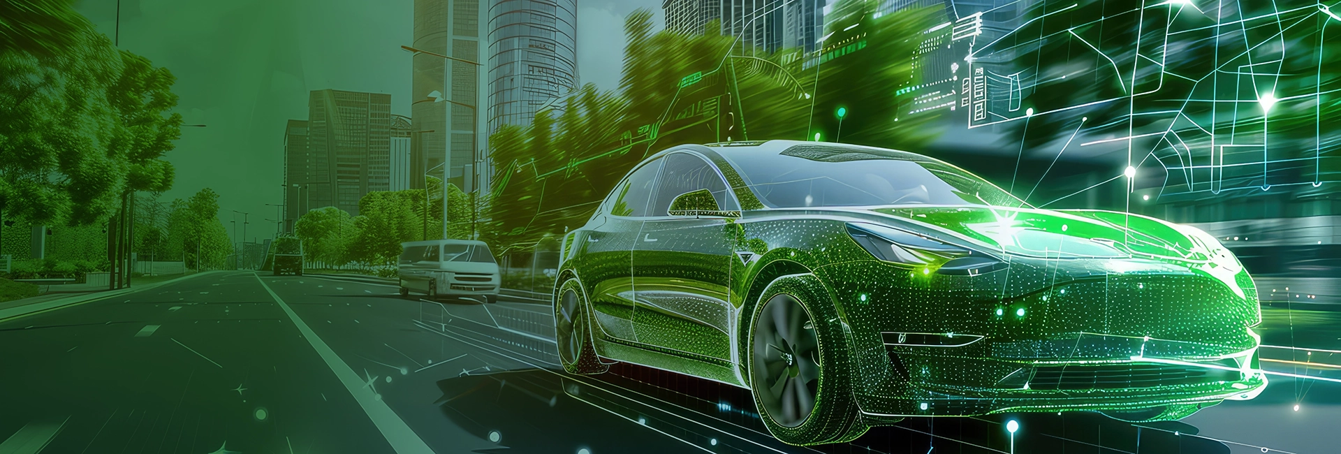 Futuristic green digital car with network visualization on urban road representing automotive digital transformation
