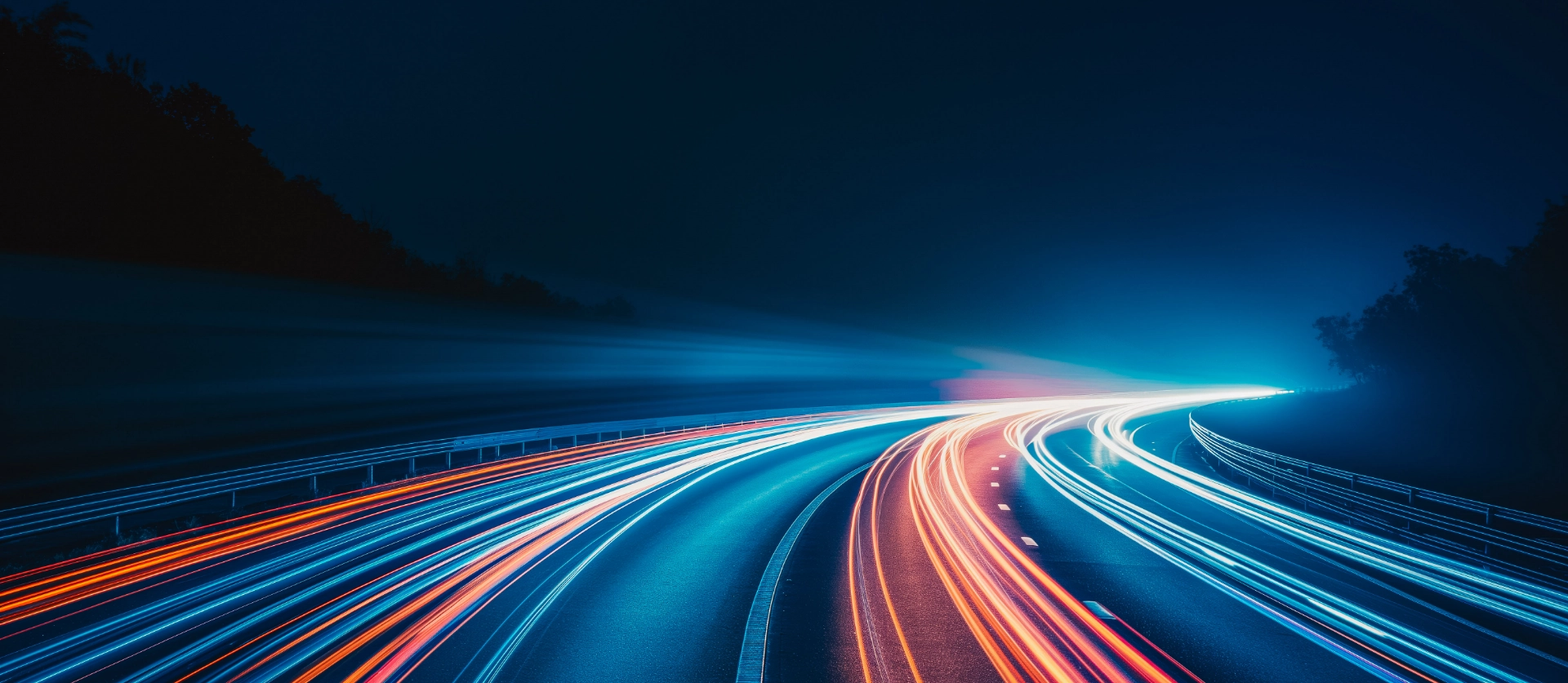 Dynamic light trails on highway representing digital transformation and client engagement for business industries innovation
