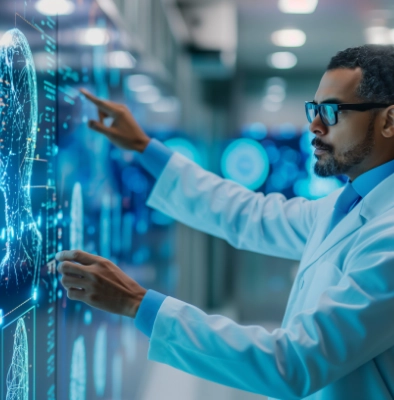 Healthcare professional analyzing digital medical data on futuristic touchscreen interface in modern hospital facility