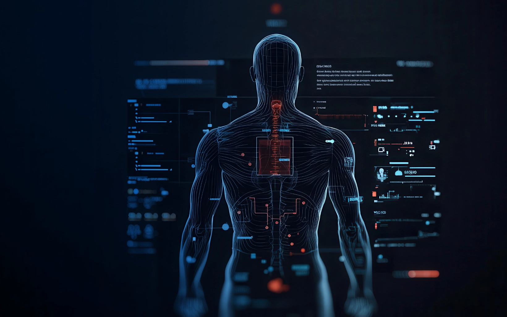 Digital wireframe human body with highlighted organs and medical data interfaces on dark background showing health analytics