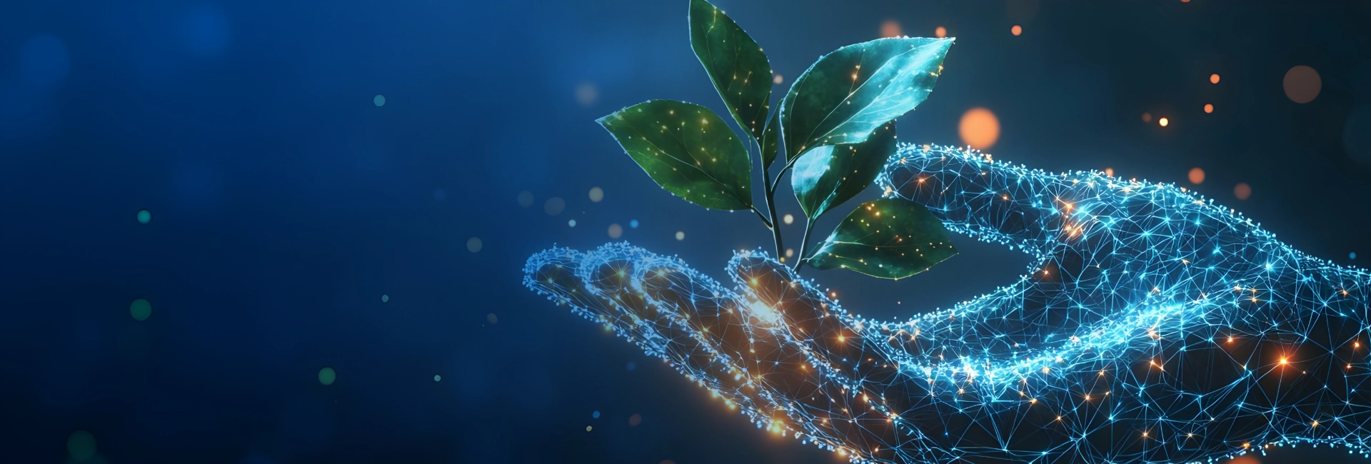 Digital hand holding plant with blue network overlay on dark background representing life sciences digital innovation