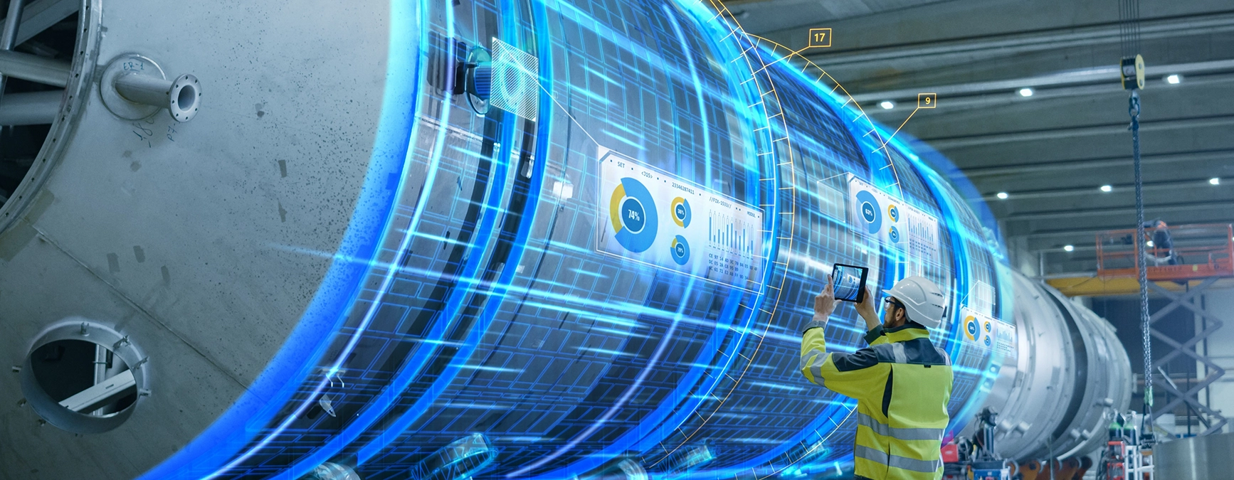 Engineer with tablet viewing holographic dashboards and blue light streams in smart factory showing digital transformation