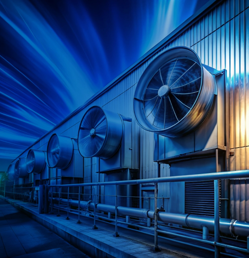 Industrial turbines and connected pipelines in blue-lit facility representing MuleSoft integration and data connectivity