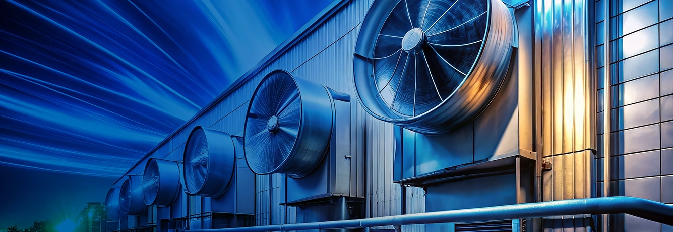 Industrial turbines and connected pipelines in blue-lit facility representing MuleSoft integration and data connectivity