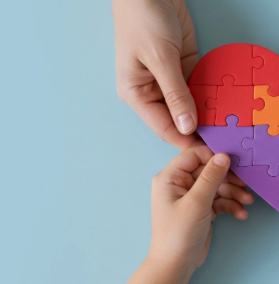 Hands assembling colorful rainbow heart puzzle representing nonprofit teamwork collaboration and purpose-driven unity