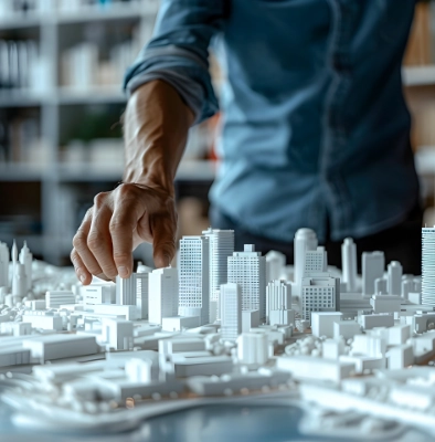 Architect's hand placing building on white city model representing urban planning, real estate development, and smart city