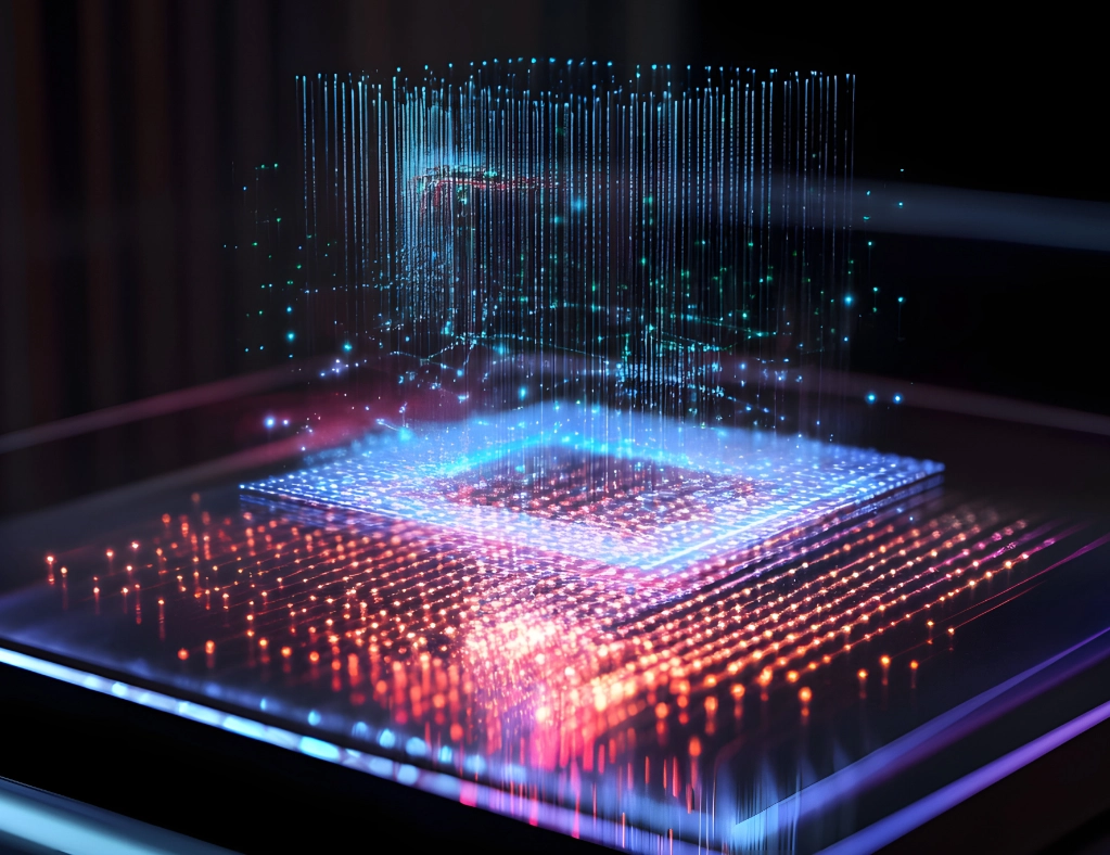 Futuristic microprocessor with glowing red and blue data streams flowing upward representing quantum computing and AI