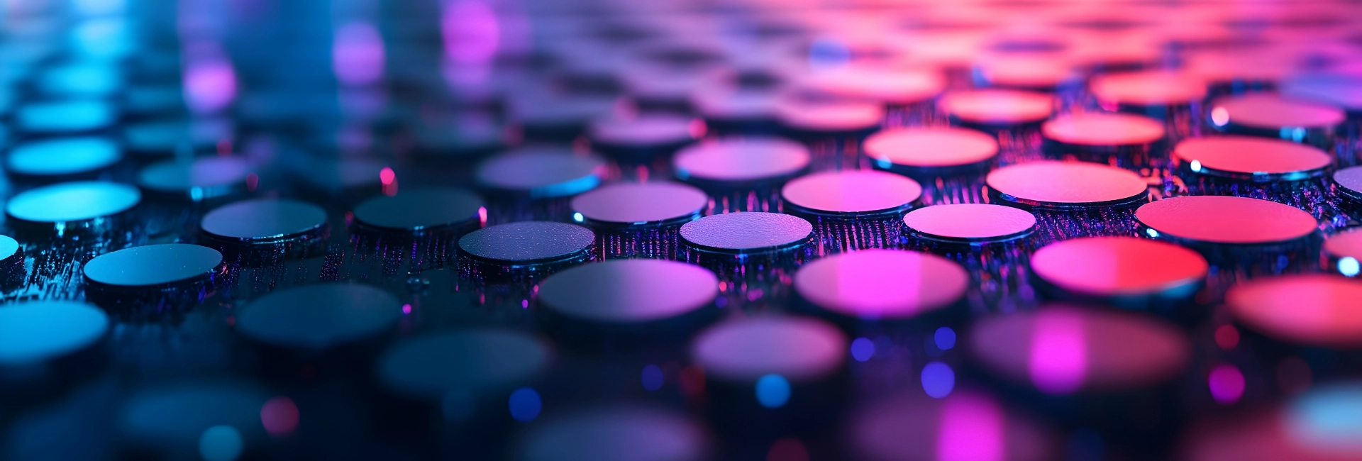 Macro view of semiconductor wafer with glowing pink blue silicon chips on circuit board showing advanced microelectronics