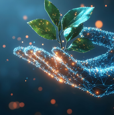 Digital hand with glowing network holding green plant representing sustainable technology, environmental innovation and growth