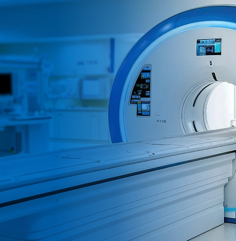 Modern MRI scanner with blue lighting in clinical imaging suite showcasing advanced diagnostic medical technology