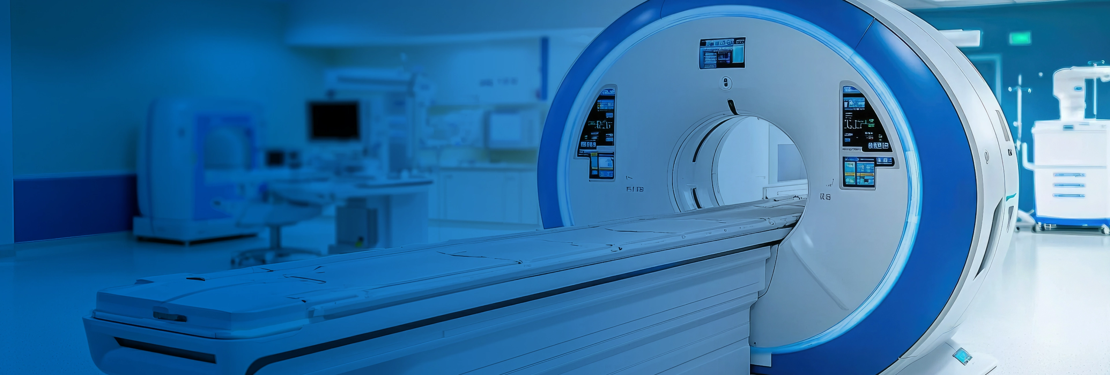 Modern MRI scanner with blue lighting in clinical imaging suite showcasing advanced diagnostic medical technology