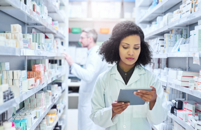 Graphic showing serialization and compliance processes improving pharma supply chain integrity