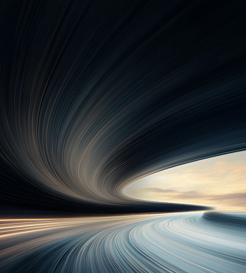 Abstract speed motion blur creating dynamic tunnel effect with flowing lines and warm light at horizon point