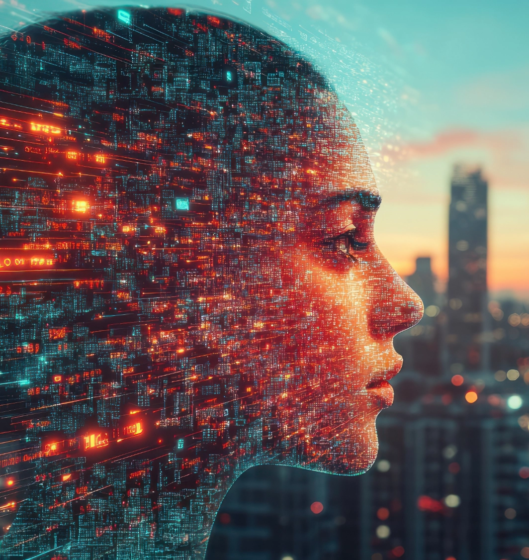 Human profile in glowing red and cyan code with data streams over blurred city, representing AI tech