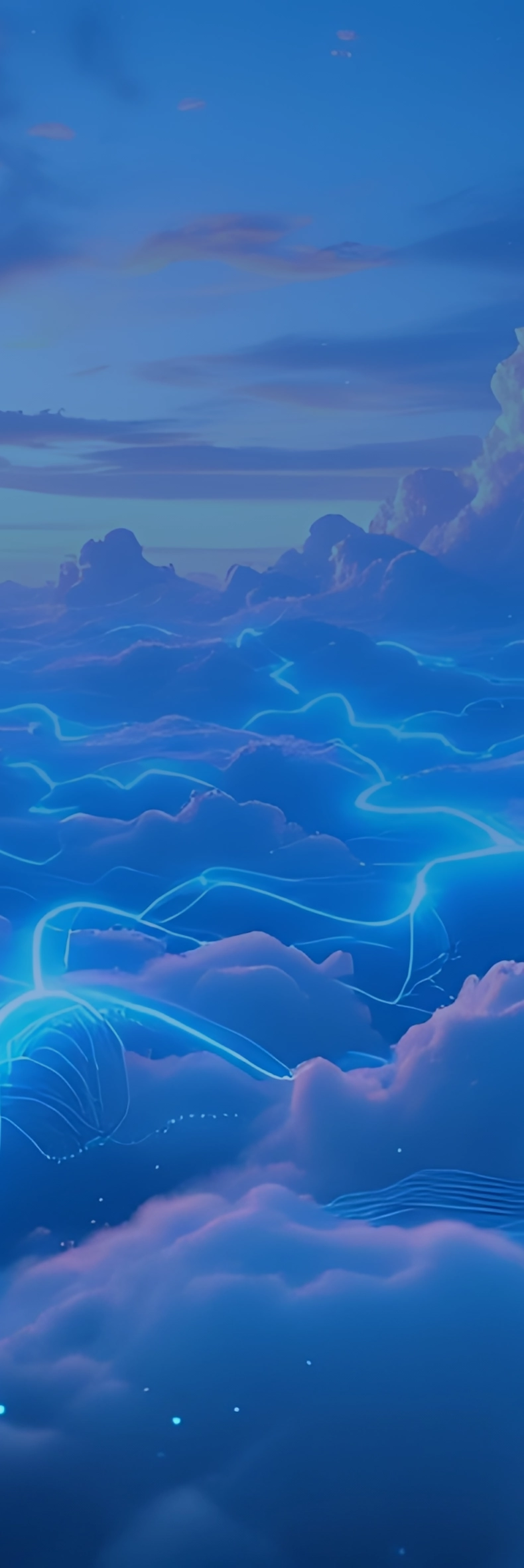 Blue and pink clouds with glowing cyan data streams in a dreamlike sky symbolizing cloud computing