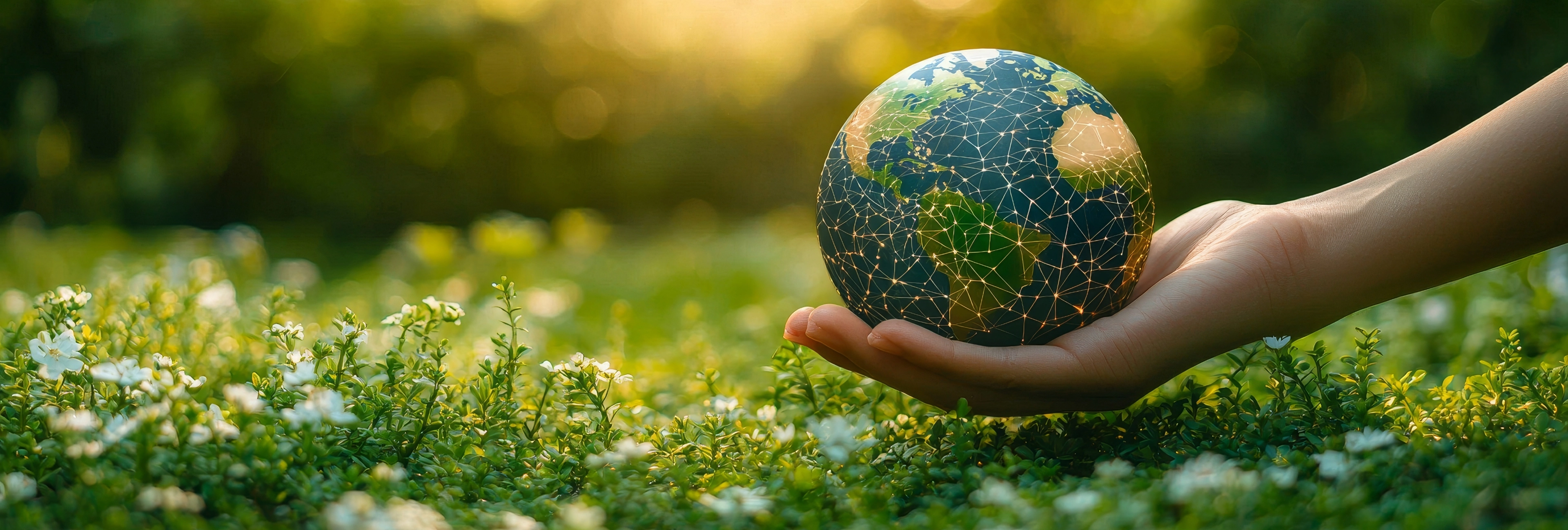Hand holding digital network globe over green nature background representing environmental sustainability and conservation