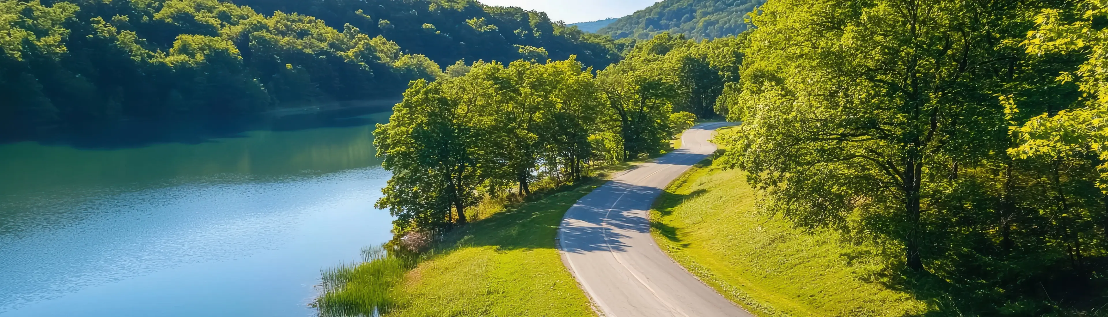 Scenic winding road along tranquil blue lake surrounded by lush green trees and mountains representing peaceful nature travel