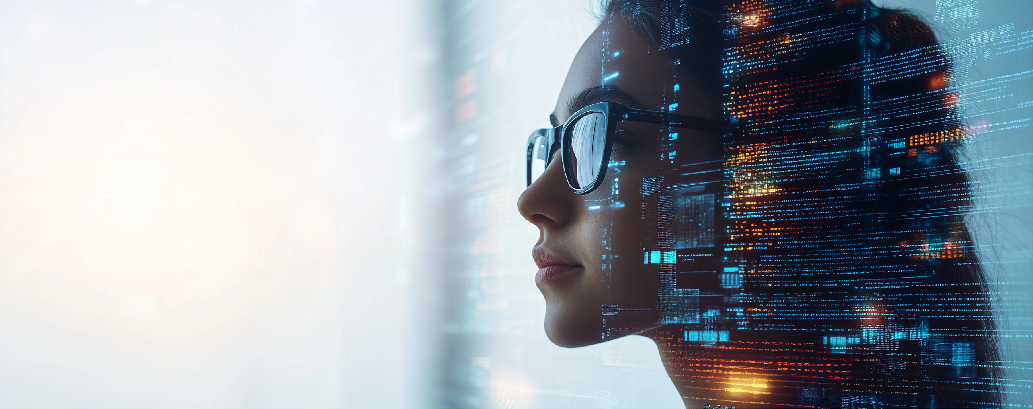 Woman's profile with digital data overlay representing AI, machine learning, and digital transformation in technology