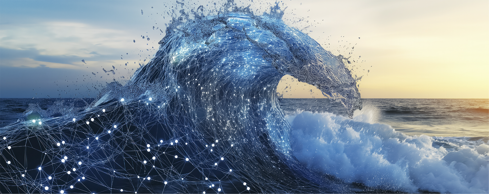 Digital wave made of glowing network connections merging with the ocean, symbolizing data flow and innovation