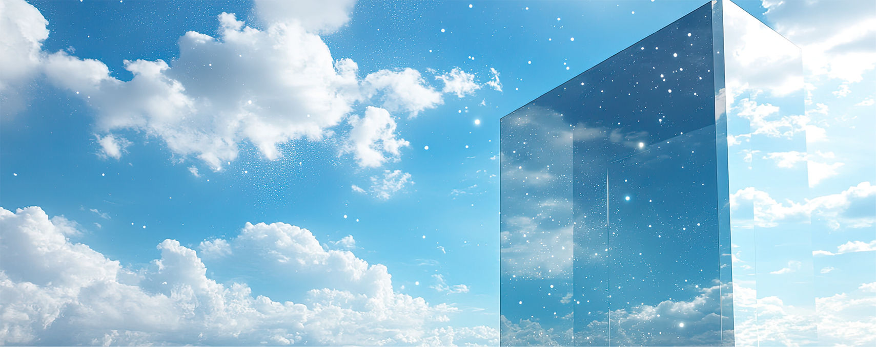 Futuristic glass building reflecting blue sky and clouds, symbolizing innovation, transparency, and digital transformation